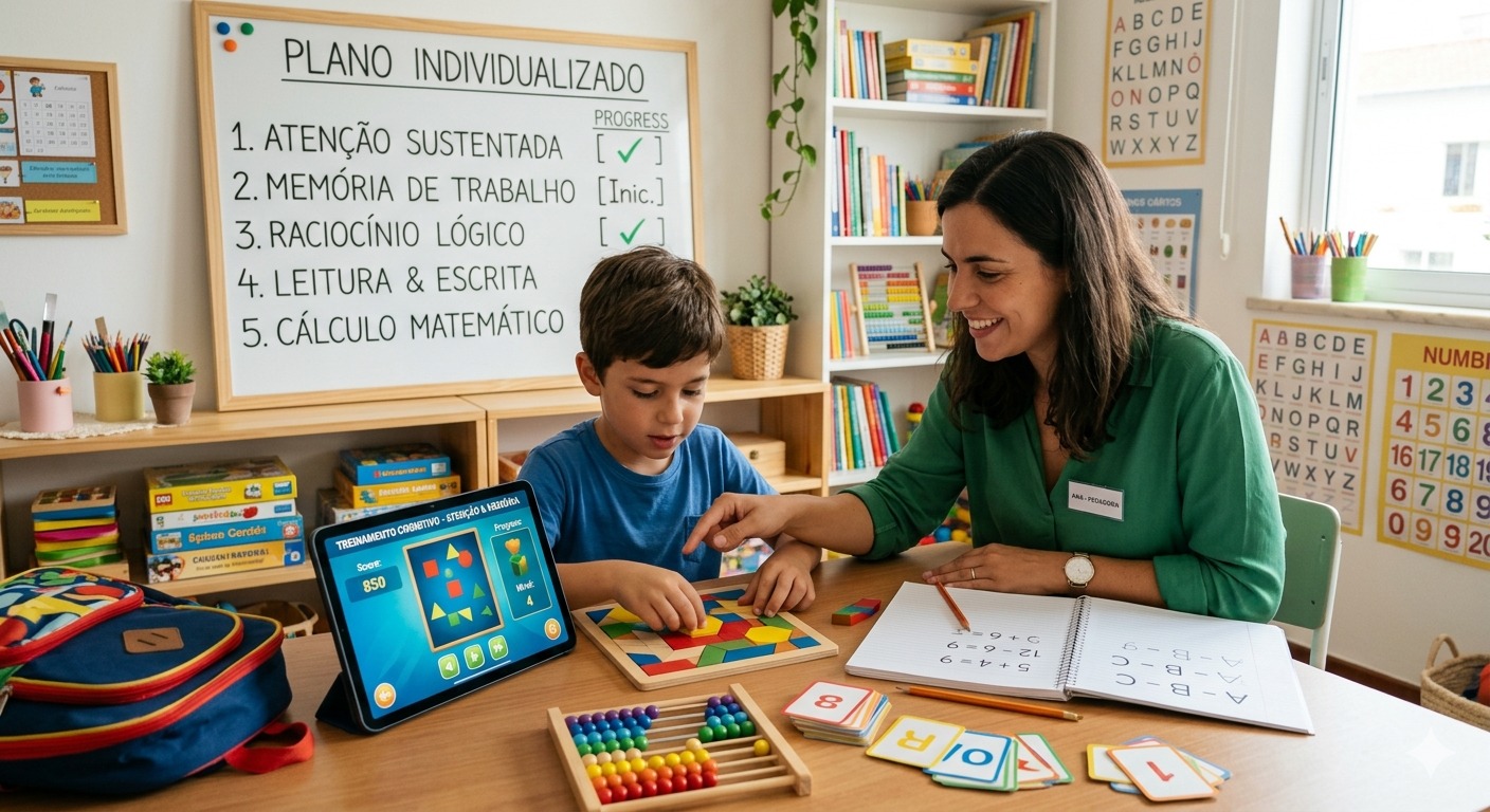 Sessão de estimulação cognitiva com criança e plano individualizado do Método Safira Neuro+.
